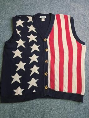 VTG 80s American Flag Knit Sweater Loft VEST Patriotic Cotton Retro USA 2XL